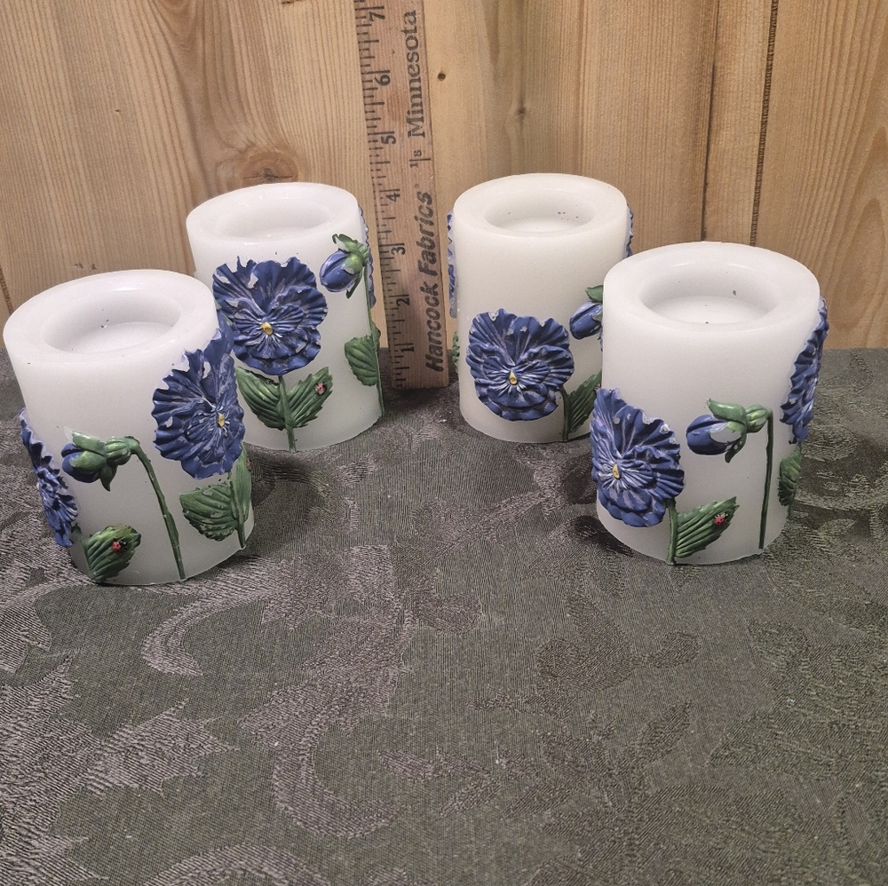 Floral Blue and Green Pansy Flower Design Flameless Candle Set of 4